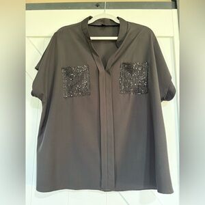 SHEIN Charcoal Sequin Pocket Blouse